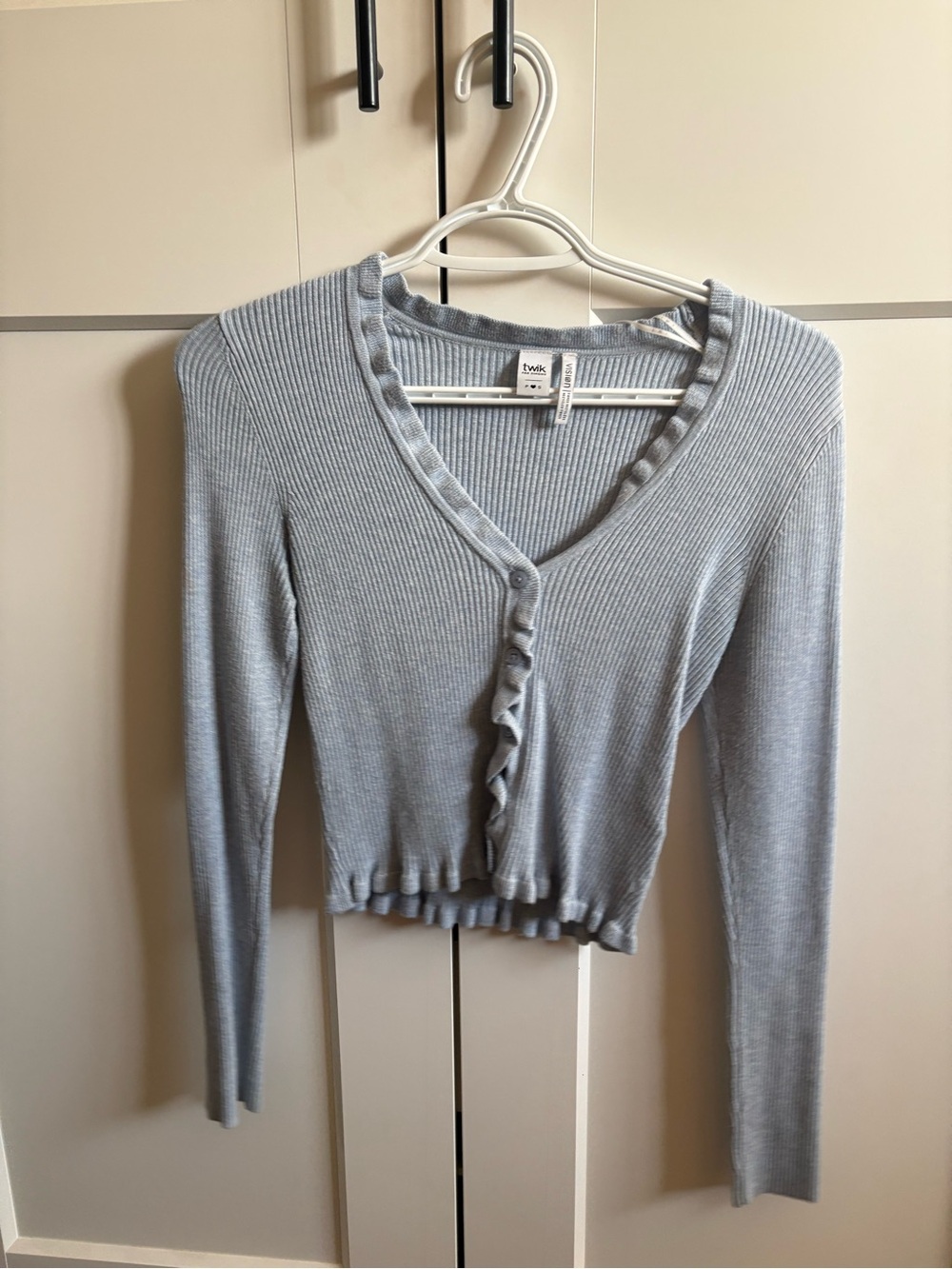 Simons Light Blue Ribbed Ruffle-Trim Cropped Cardigan